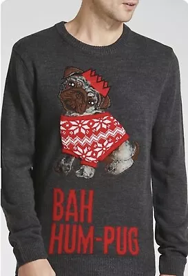 Matalan S Mens Novelty Funny Christmas Jumper Xmas Sweatshirt Bah Hum Pug Dog  • £12.99