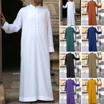 UK Mens Dishdash Jubba Kaftan Thobe Arab Robe Islamic Festival Tunic Robe Dress • £18.99