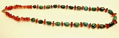 Vintage Gem Turquoise With Cognac Amber Nuggets & Goldtone Beads Necklace 27  • $249.99