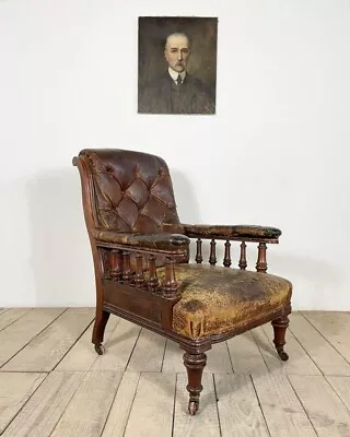 Victorian Antique Brown Leather Library Armchair  • £895