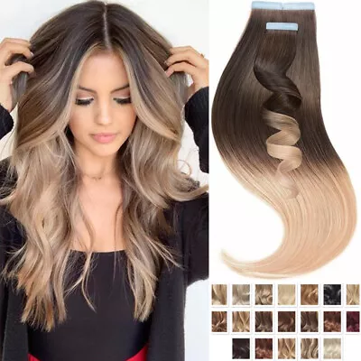 Ombre Remy Tape In Skin Weft 100% Remy Human Hair Extensions THICK 60PCS Sliver • $31.82