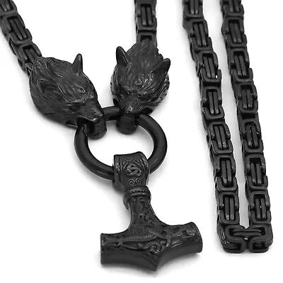 Viking Mjolnir Necklace Black Stainless Steel Geri Freki Wolf Byzantine Chain 28 • $69.99