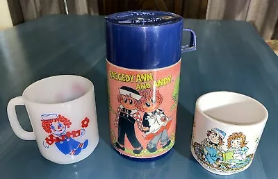 Vintage Raggedy Ann & Andy Lot Thermos Lunch Box Plastic Cup Milk Glass Mug • $24.50