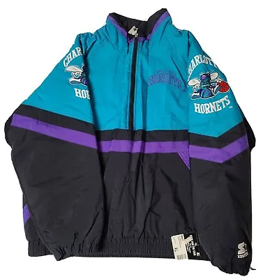 $225.55 • Buy Vtg 90s Starter XL Charlotte Hornets Jacket Hood Puffer Pullover Basketball NWT 
