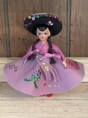 Vintage Mexican Souvenir Girl Doll With Remade Felt Dress • $7