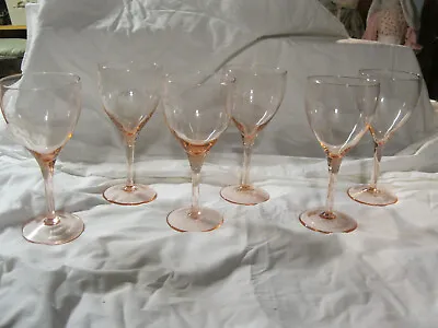 Six  - 1960's Unbranded Rose Pink Stem Crystal Wine Glasses 7 3/8  Tall • $35