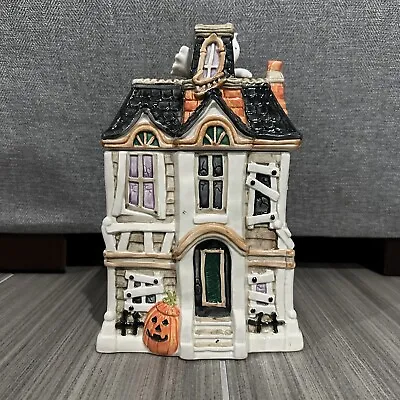 Vintage 1987 Fitz & Floyd Halloween Cookie Jar Haunted House Boo Ghost Black Cat • $99.87