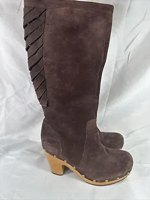 UGG Rumer Wooden Heeled Boots Womens Brown Suede Back Weave Knee High Size 8 EUC • $39.99