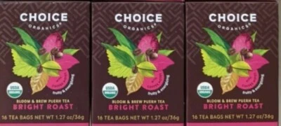 $12.99 • Buy Choice Organics Bright Roast Bloom & Brew Puerh 16 Tea Bags 3 Boxes Exp 8/25 New