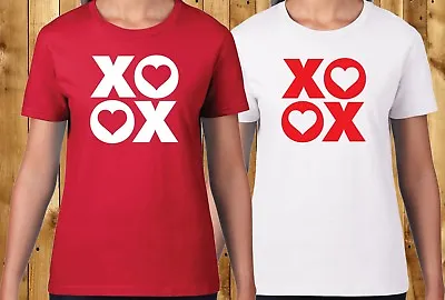 XO OX Hearts T-Shirt - Valentine's Hugs Kisses Love Mens Ladies Sizes Red White • £13.15