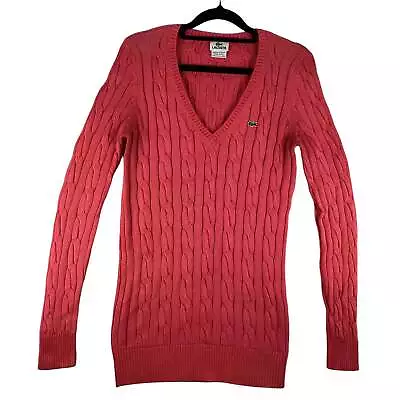 Lacoste Womens Peach Pink V Neck Cable Knit Sweater Size M • $45