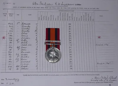 QUEEN'S SOUTH AFRICA MEDAL ONE CLASP TO 3rd BATT. R.W. SURREY REGT + ROLL • £134