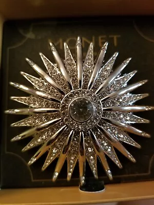 MONET New Old Stock Sunburst  Silvertone Rhinestone Brooch Pin Estate Sale Find • $35