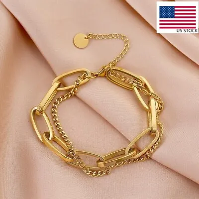Woman 18K Gold Plated Stainless Steel Rolo Link Curb 2 Layer Bangle Bracelet • $9.50