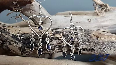 Sterling Silver Drop Heart Earrings Inset With Iolite • £18.95