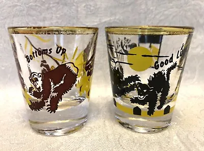 2 Vintage 1960s Shot Glasses Monkeys BOTTOMS UP & Black Cat Fight GOOD LUCK • $7