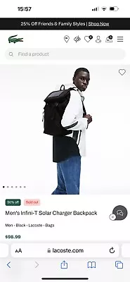 BNWOT Lacoste Men's Infini-T Solar Charger Backpack Cables Missing Ex Displayed • £40