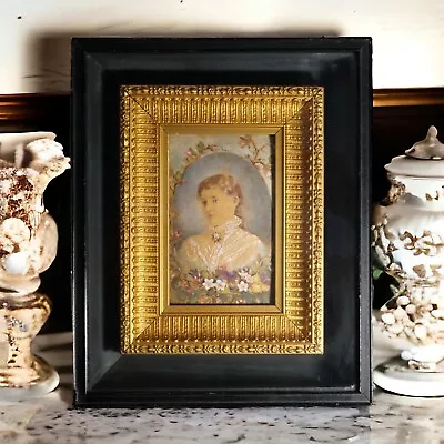 Circa 1860 French Victorian Girl Miniature Portrait Painting In Shadowbox Frame • $550
