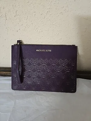 Michael Kors Large Purple Gold Etched Leather Wristlet Flat Clutch Handbag • $30.99