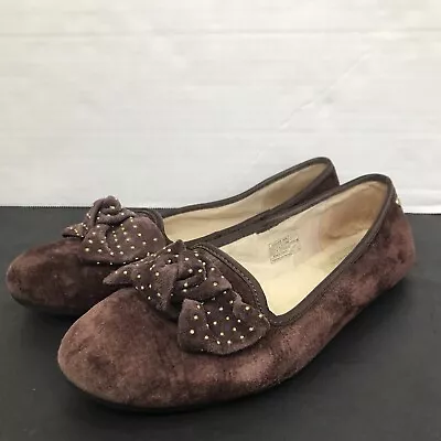UGG Alloway Studded Bow Flats Shoes Womens Size 6.5 Brown Suede Shearling Insole • $25