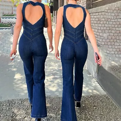 Women Fashion Playsuits Jumpsuit Denim Daily High Waisted Sleeveless Back Heart • $69.74