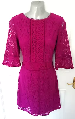 Oasis Size M Deep Pink Lace Smart Pencil Wiggle Dress Lined Back Zip Occasion • £20.99