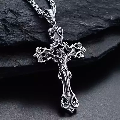 Mens Jesus Crucifix Cross Pendant Necklace Baptism Christian Jewelry Chain 24  • $11.99