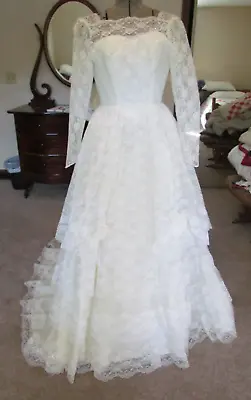 Vintage Mid-Century Wedding Gown Dress Off-white Illusion Size 0 2 XS LACE • $60.99