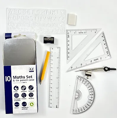 £2.99 • Buy Maths Geometry Set Tin Case Compact Compass Ruler Protractor Squares Sharpener
