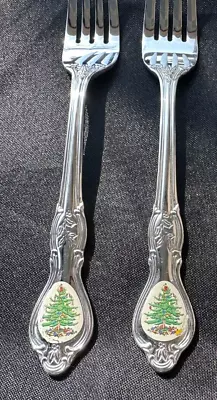 2 Spode Wallace 18/10 Christmas Tree Emblem Stainless Flatware Dinner Forks • $25