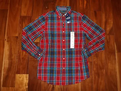 NWT Mens CHAPS Red Blue Button Front Plaid Dress Shirt Long Sleeve S Small $55 • $19.95