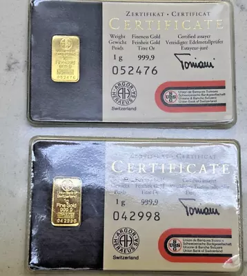 (2) 1 Gram Union Bank Of Switzerland Gold Bars .999+ Fine (In Assay) • $224.50