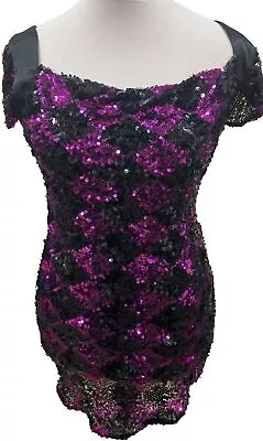 Cotton Club Black & Pink Sparkly Sequined Short Sleeve Dress - UK Size 12 • £4.50