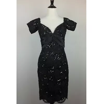 Vicky Tiel Paris Sheath Dress Couture Small Black Crochet Sequined Silk   • $129.95