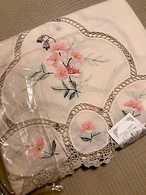 $65 • Buy Vintage New In Package Hand Embroidery & Hand Crochet Lace Tablecloth 66” Round