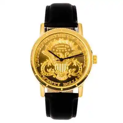 Men's Iced Twenty Dollars Gold Silver Coin Hip Hop Leather Band Fashion Watch • $17.99