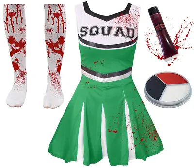 Childrens Girls Green Zombie Cheerleader School Fancy Dress Costume Halloween • £14.99