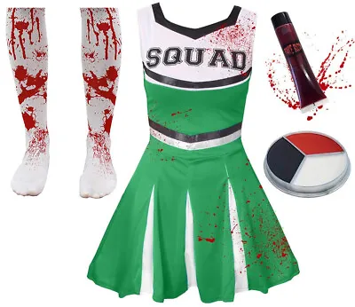 Green Zombie Cheerleader Costume Halloween Fancy Dress Childrens Kids Girls • £14.99