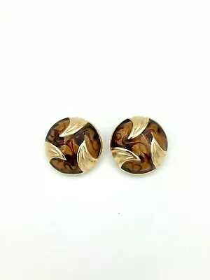 Retro Vintage Clip On Earrings - Brown Swirl Details With Gold Tone Metal • $14.99