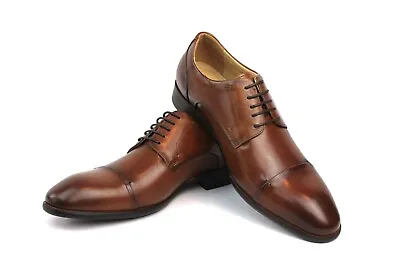 Mens Exclusive Genuine Leather Cognac Brown Lace Up Cap Toe Oxfords Dress Shoes • $49.95