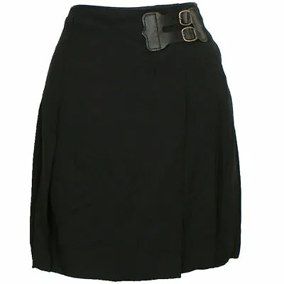 POLO RALPH LAUREN Black Crepe Pleated Wrap Kilt Leather Buckle Skirt 14 • $109.99