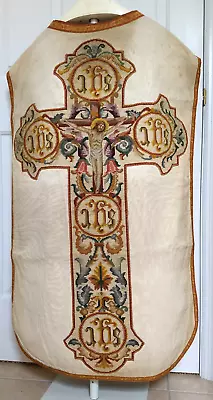 Vtg White Fiddleback Chasuble Vestment Colorful Easter Crucifixion Cross-Stitch • $235