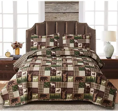 Reversible Lodge Plaid Bedding Moose Bear Rustic Bedspread Comforter Set Quilt • $65.87