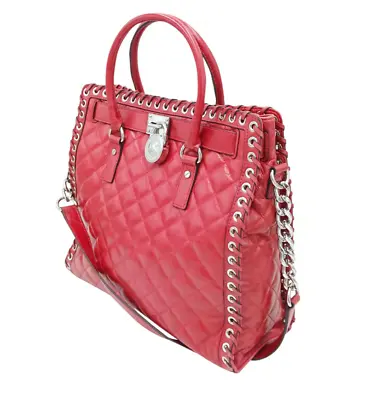 Michael Kors Red Hamilton Whipstitch Grommet Diamond Quilted Tote W/MK Pad Lock • $156