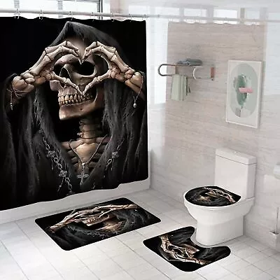 3D Skull Skeleton Necklace Shower Curtain Toilet Lid Cover Bath Mat Rug Set New • £27.35