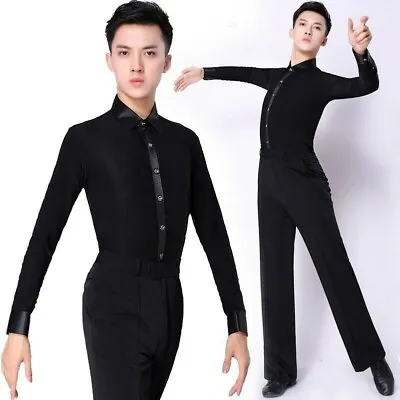 Men Latin Dance Shirt Top Ballroom Modern Salsa Samba Stretch Long Sleeve • £38.41