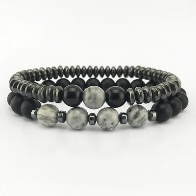 £3.99 • Buy Mens Ladies Map Stone Black Matt Magnetic Hematite Round Bead Couple Bracelet UK