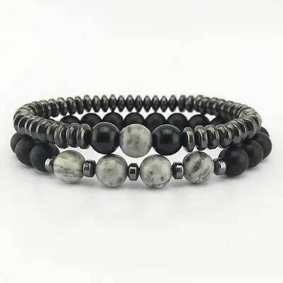 Mens Ladies Map Stone Black Matt Magnetic Hematite Round Bead Couple Bracelet UK • £3.99