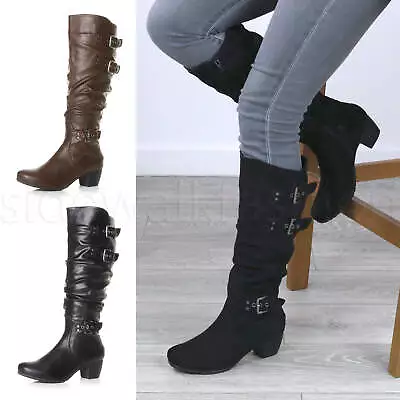 Womens Ladies Low Medium Cuban Heel Ruched Slouch Calf Knee Western Boots Size • $33.03