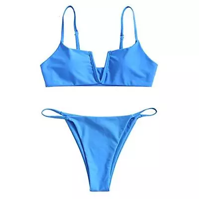 ZAFUL Womens High Cut Bikini Sets Ribbed V-Wire Cami Bikini Two Piece (Blue S) • £16.14